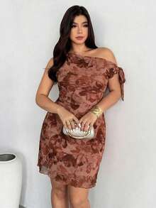 Firerie Plus Size Women's Summer New Floral Asymmetrical Shoulder Sexy Elegant Vacation Mini Dress, Mesh Tie Dye Floral Stretch Dress, Asymmetric Neck Dress, Spring/Summer Clothing, Beach Outfit, Elegant, Sexy, Vacation, Beach, Hawaii, Date, Party, Music Festival, Graduation Dress, Prom - Brown - View 6