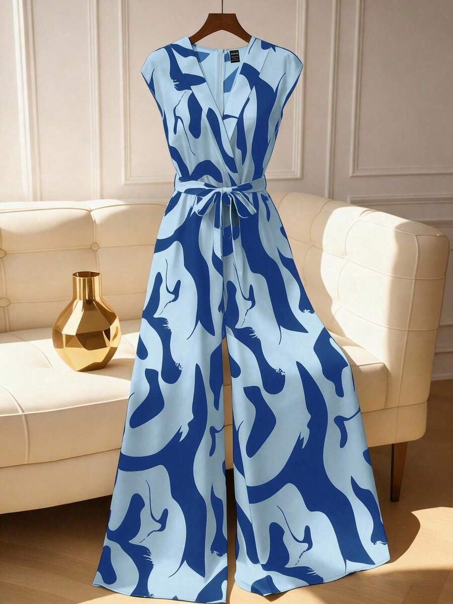 SHEIN Franclia 女士夏季连体裤，腰部收紧，阔腿印花连身裤套装 - 藍色 - 查看 1