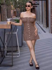 Andrea Bello 女士休闲时尚修身格子露肩迷你连衣裙 - 咖啡棕 - 查看 4