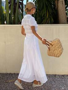 Livesso Textured Waist-Cinching Midi Dress For Women, Suitable For Vacation Sundress Summer Boho - Beige - View 2