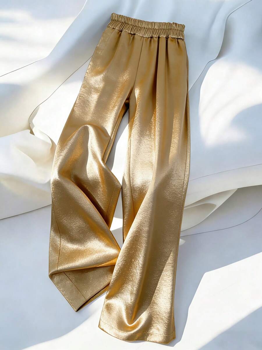 Franclia 女士高腰弹力腰带箔织面料百搭休闲裤，夏季日常穿着时尚百搭 - 金色 - 查看 1