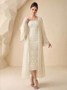 Modelyn 女士春夏雪纺喇叭长袖开衫优雅外套和绿色提花无袖系带A字连衣裙两件套 - 杏色 - 查看 8