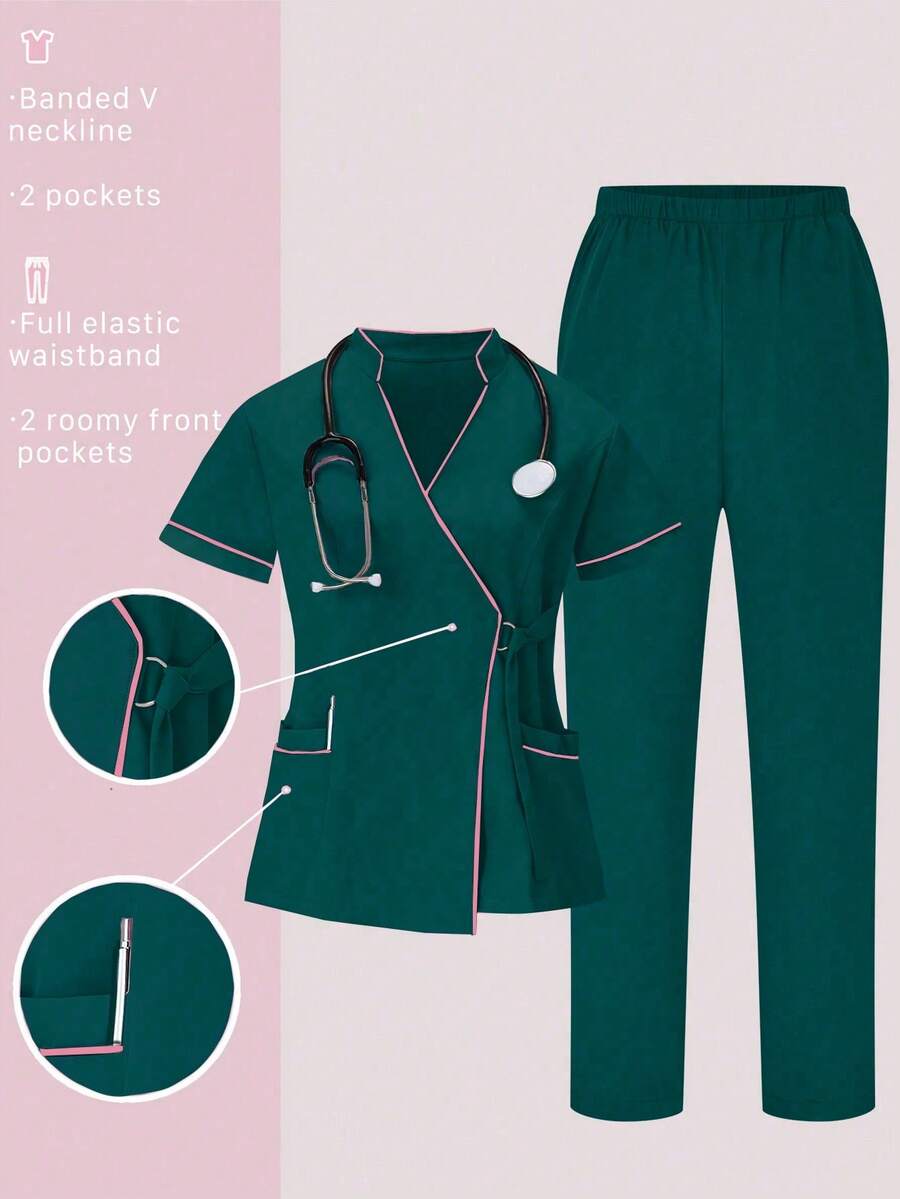 TaskEZ Scrubs Set: V-Neck Short Sleeve Top & Pants Scrub Uniform For Healthcare Workers - Dark Green - View 1