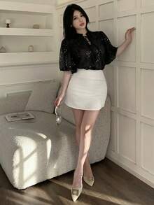 Feyla 女士纯色亮片系领短袖衬衫 - 黑色 - 查看 6