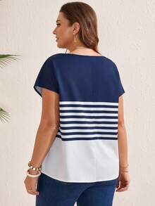 Rosumi Plus Size Women's Navy Blue Summer Smart Casual Vacation Holiday Anchor Print V-Neck Short Sleeve Dressy Blouse Top Shirt Country Beach Outfits - Multicolor - View 4