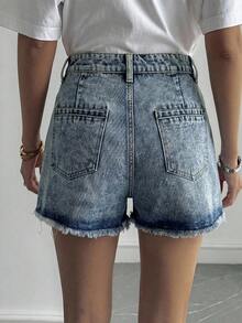 Livesso Quần short denim nữ bằng cotton, viền rách, kiểu dáng thường ngày, thích hợp cho mùa hè. - Rửa nhẹ - Xem 2
