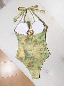 Bonvoyette 女士时尚印花连体泳衣，金属装饰，挂脖露背设计，适合海滩度假穿着，春夏款 - 彩色 - 查看 2