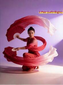 1 par de abanicos de velo de seda de imitación para danza del vientre, hechos a mano, de bambú plegables largos de 1,5 metros y 1,8 metros, velos fluidos para actuaciones, herramientas de danza ligeras para mujeres profesionales, para fiestas y festivales AHOT - gradiente rojo - Ver 3
