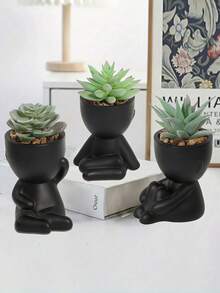 1PC Artificial Succulent Plants Single Pot Small Human Shaped Succulent 3 Styles Optional Black Ceramic Pot Cartoon Design Green PP PE Material For Desktop Home Garden School Dorm Office Decor - Black - View 10
