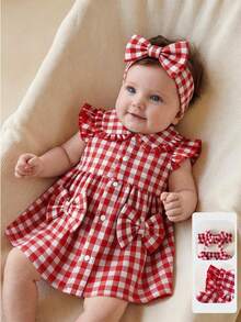 SHEIN Newborn Casual Everyday Bow Tie Red & White Plaid Cap Sleeve Dress + Headband, Versatile For Summer Outings, Photo Shoots Or Daily Wear - Red - View 8