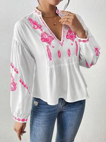EMERY ROSE Women's Shirred Graphic Print Long Sleeve Button Shirt Peplum Top - Hot Pink - View 3