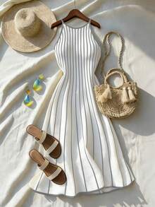 Franclia New Vintage Striped Patchwork Contrast Color Round Neck Sleeveless Knit Dress For Women - Light Grey - View 3