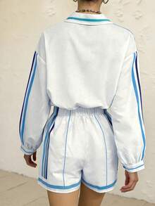 Balvessa Women's Striped Print Loose Shirt + Matching Shorts 2 Pieces Set - Blue and White - View 2