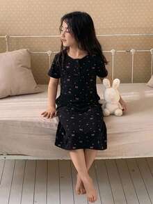 Dazy Kids Young Girl Round Neck Short Sleeve Nightgown Loungewear Summer - Black - View 5