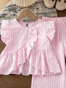 Elladie kids Young Girl (Small) Cute Ruffle Hem Asymmetrical Hem Design & Bow Print Casual Pants Set - Pink - View 6