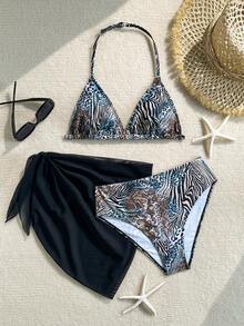 SHEIN Teen Girls' Leopard Print Halter Bikini Set, 3-Piece Swimsuit With Triangle Top, Bottom And Sarong, Fashionable, Elegant, Suitable For Swimming, Vacation, Summer Beach Bathing Suit Women's Swimwear Two Pieces Swimsuit Zebra Print Bikini - Multicolor - View 3