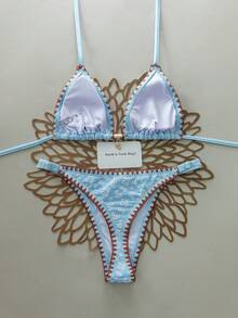 Swim Mod Set Bikini Segitiga Motif Bunga Biru Muda Gaya Boho 2 Potong untuk Wanita, Bordir Bunga Daisy Buatan Tangan, Hiasan Bintang Laut, Pakaian Renang Elastis untuk Liburan Pantai Musim Panas, Liburan - Biru - View 5