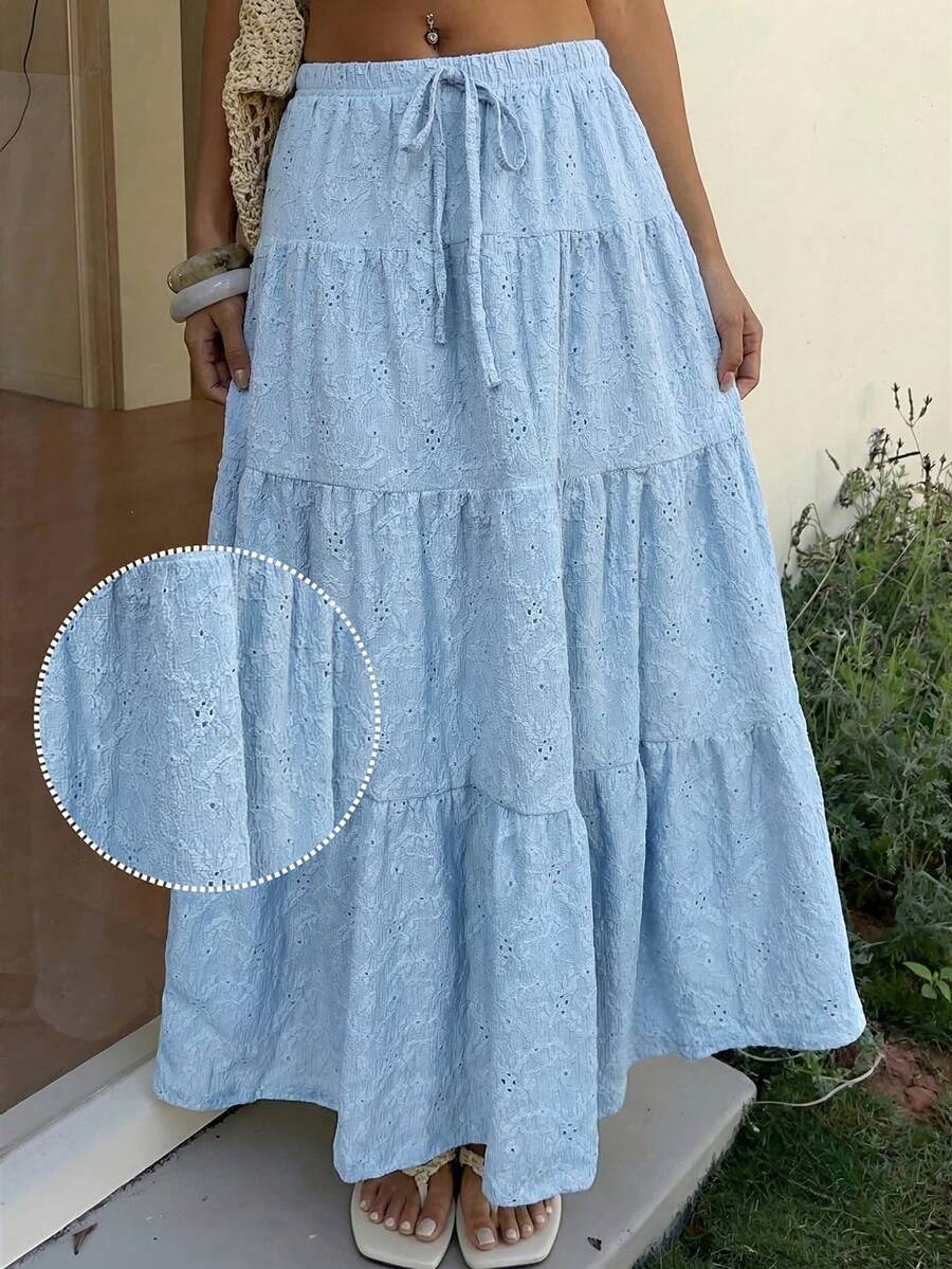 SHEIN EZwear 女士浪漫度假风腰带荷叶边下摆半身裙 - 藍色 - 查看 1