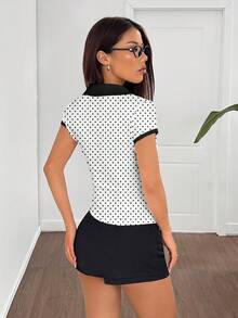 SHEIN EZwear 女士休闲波点印花撞色滚边衬衫，夏季 - 白色 - 查看 2