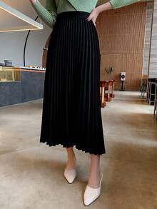 DAZY Solid Color Elegant Pleated Women's Skirt, Spring/Summer - Black - View 3