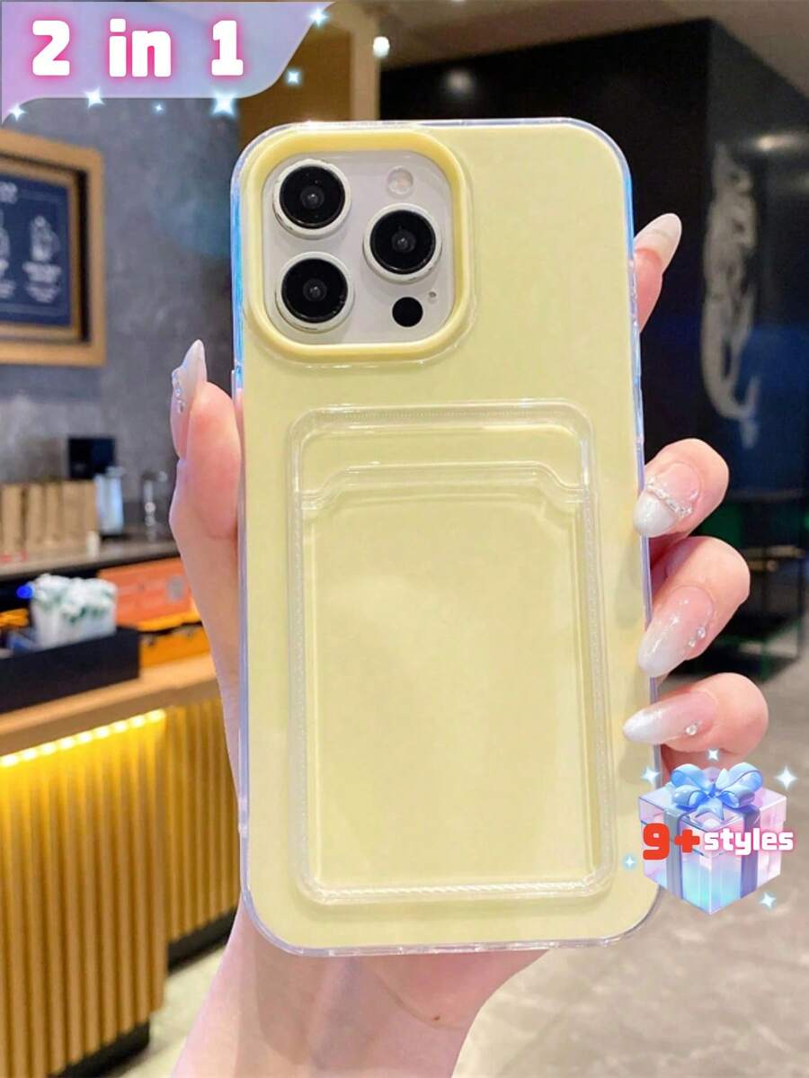2 In 1 Candy Color Card Holder Slot Phone Case Compatible With IPhone 17Pro 17ProMax 17 Air 17 16 15 14 13 12 11 Pro Max 16Plus Simple Shockproof Clear Soft Cover - Custard - View 1