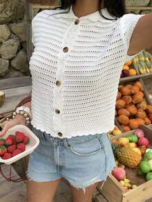 Sunnyshic Cárdigan de verano para mujer, de estilo casual y versátil, con cuello en pico, manga corta y diseño hueco, en color blanco - Blanco - Ver 7