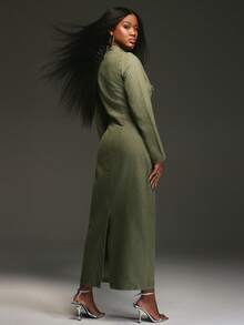 NYA SZN Đầm dài tay ôm sát, chi tiết khóa cài, khoét eo, khóa kéo, kiểu cargo, dài đến mắt cá chân, màu xanh lá cây, phù hợp cho mùa thu đông. - màu xanh lá - Xem 2