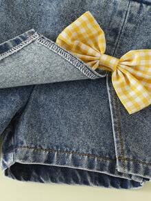 SHEIN Playful Pals 2 件套女婴春夏休闲风格纯色无袖吊带上衣和蝴蝶结装饰短牛仔裤 - 黃色 - 查看 7