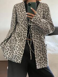 Livesso 女士棉质系带宽松豹纹牛仔外套，适合春夏秋三季穿着。 - 卡其色 - 查看 3