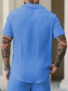 Manfinity Homme Men's Casual Solid Color Short Sleeve Shirt, Summer - Blue - View 2