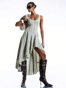 LYSMO Đầm nữ dáng suông kẻ sọc, vạt bất đối xứng, thích hợp cho mùa hè. - màu xanh lá - Xem 4