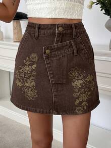 DAZY Falda recta con estampado de cintura regular para mujer, falda vaquera de línea A casual de verano - Marrón - Ver 4