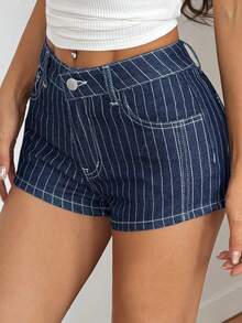 SHEIN Tall Quần short denim nữ mùa hè dáng suông, cạp cao, kẻ sọc, kiểu vintage, ôm sát, quần short denim kẻ sọc. - Rửa tối - Xem 2