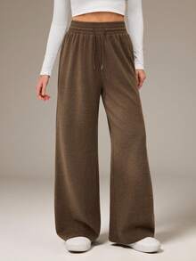SHEIN Tall Pantalones de chándal casuales con cordón en la cintura de color marrón café para mujer - Café integral - Ver 4
