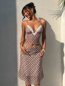 Aloruh 女士休闲优雅甜美可爱性感棕色格子撞色蕾丝超低腰迷你裙，春夏款 - 摩卡棕 - 查看 3