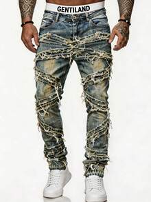 Manfinity VCAY Jeans de mezclilla desgastados y deshilachados de moda casual para hombres - Azul lavado oscuro - Ver 2