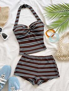 Soleia 女士度假条纹针织纹理面料金属装饰露背系带露脐上衣和超短裤两件套，适合派对、圣诞节、约会、夜店、海滩、邮轮、下午茶、波西米亚风、度假、秋季等场合。 - 彩色 - 查看 1