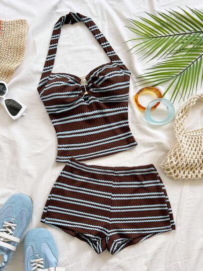 Soleia Women's Vacation Striped Knit Textured Fabric Metal Decor Halter Neck Tie Crop Top And Super Short Shorts 2-Piece Set, Suitable For Party, Christmas, Date, Nightclub, Beach, Cruise, Afternoon Tea, Bohemian, Boho, Vacation, Fall