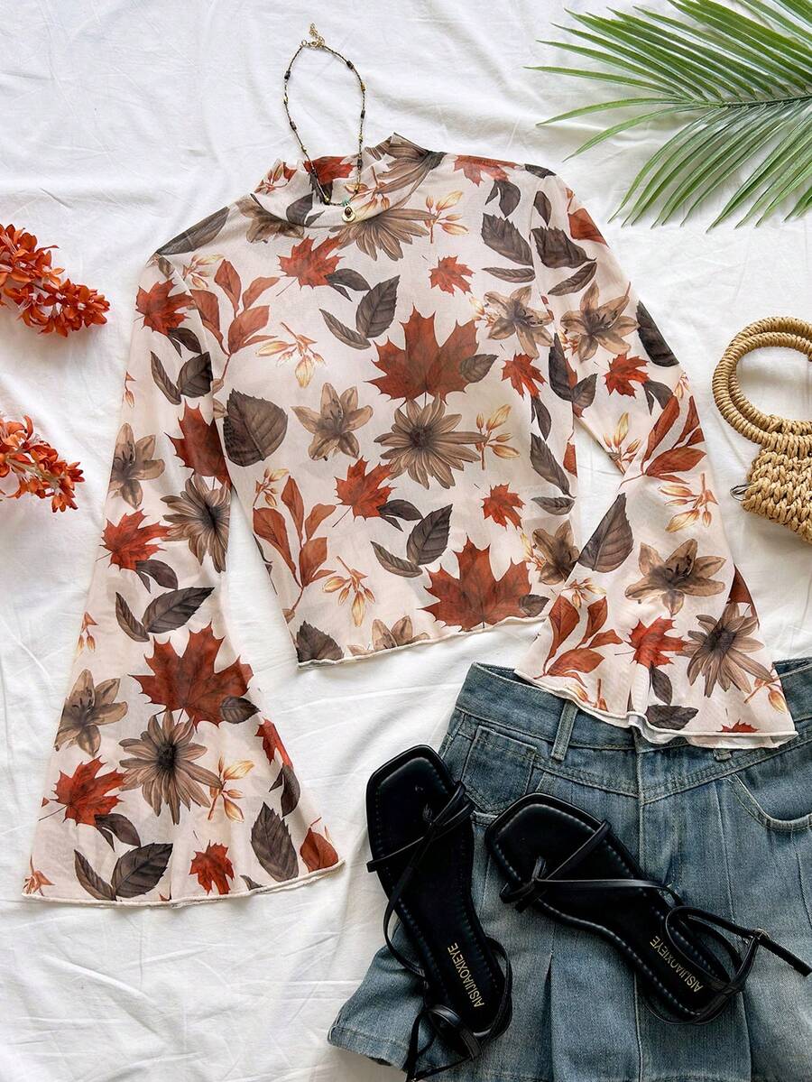 Soleia Neue Bluse mit Blattdruck, weite Ärmel und figurbetonter Passform, bohemian, boho, Urlaub, Herbst Damenmode, vintage, Feiertage - Aprikosenfarben - Übersicht 1