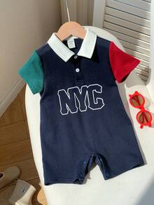 SHEIN Unisex Newborn Baby Boy/Girl Casual Cute Contrast Color Patchwork Short Sleeve Lapel Romper,Boy Outfit Sets,Spring/Summer Clothes - Navy Blue - View 3
