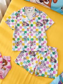 SHEIN | PAW Patrol 女童格子常规肩短袖可爱印花夏季睡衣 - 白色 - 查看 2
