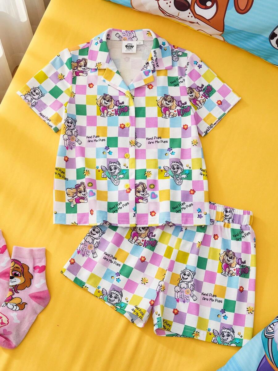SHEIN | PAW Patrol Bộ đồ ngủ mùa hè cho bé gái, tay ngắn, kẻ caro, kiểu dáng thường ngày, in họa tiết dễ thương. - trắng - Xem 1