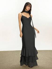 Rina Fox Damen sexy Maxikleid mit Spaghettiträgern und Rüschensaum, geeignet für Dates, Partys, Urlaub, schmeichelnde Silhouette, inklusive Passform, schlankend, stilvolles Design, 3D-Schnitt, retro, elegant - Schwarz - Übersicht 3