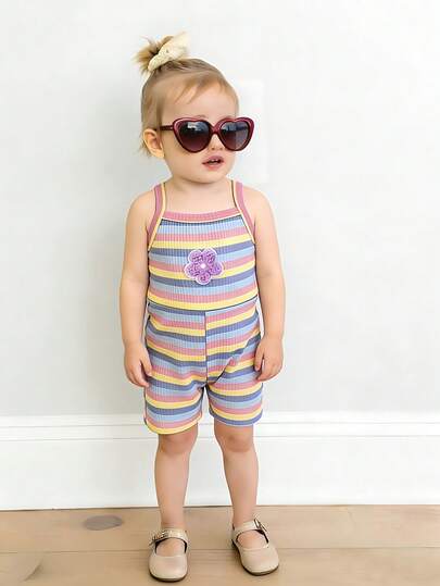 SHEIN Playful Pals Baby Girls' Summer 3D Floral Knit Rainbow Striped Casual Fashionable Sleeveless High Waist Short Jumpsuit