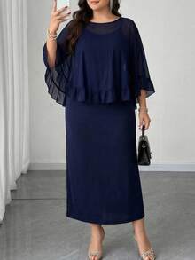 Modelyn Plus Size Elegant Party Solid Color Ruffle Trim Camisole & Dress 2-Piece Set - Navy Blue - View 9