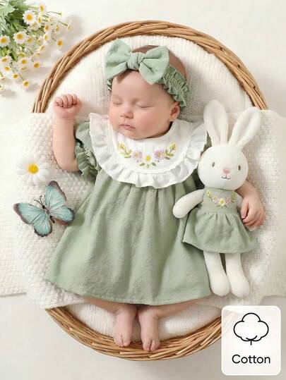 SHEIN Summer Newborn Baby Girl White Embroidered Pattern Patchwork Green Puff Sleeve Dress Fresh, Cute, And Sweet Perfect For Outings And Photo Shoots Green Baby Girl Dress Baby Vintage Dress Sage Green Baby Girl Dress Cute Green Outfits For Baby Girl Green Babygirl Dress Baby Girl Tea Party Outfit Cute Outfits For Baby Girl Tea Party Outfit For Baby Baby Girl Dress Spring Tea Party Outfit Plus Restful Baby Dress For Baby