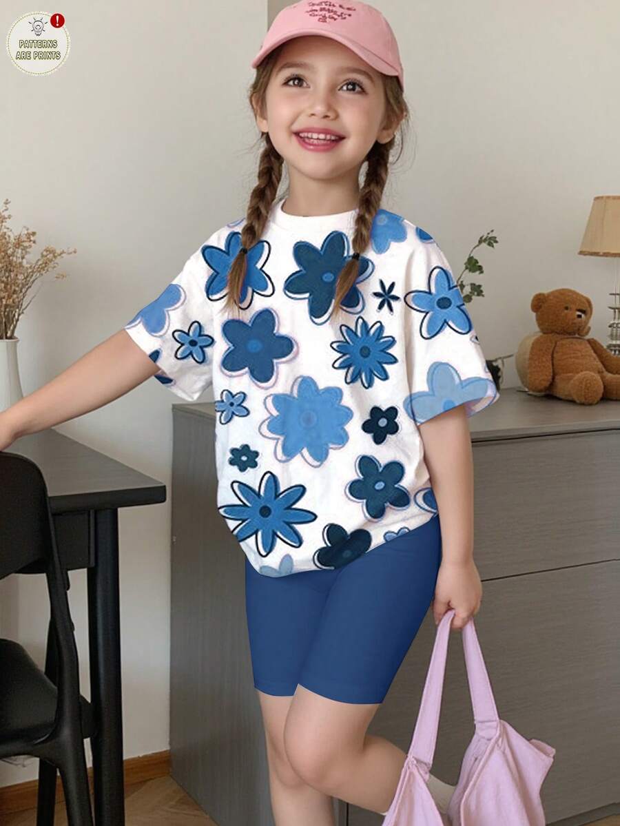 两件套女童休闲甜美彩色印花套装,蓝色,圆领短袖T恤和紧身打底裤,适合春夏Y2K风格,可爱,儿童舒适,儿童日常时尚,儿童秋季时尚,秋季新款,花卉时尚,韩流,女童套装,两件套,价格实惠,时尚百搭,周末穿搭 - 彩色 - 查看 1