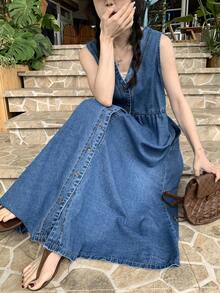 FRIFUL Vestido vaquero casual sin mangas con botones delanteros, para primavera/verano - Azul - Ver 2