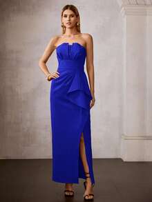 MOTF Soiréza WOMEN'S STRAPLESS DESIGN LONG COCKTAIL DRESS, SUITABLE FOR FORMAL OCCASIONS - Blue - View 4