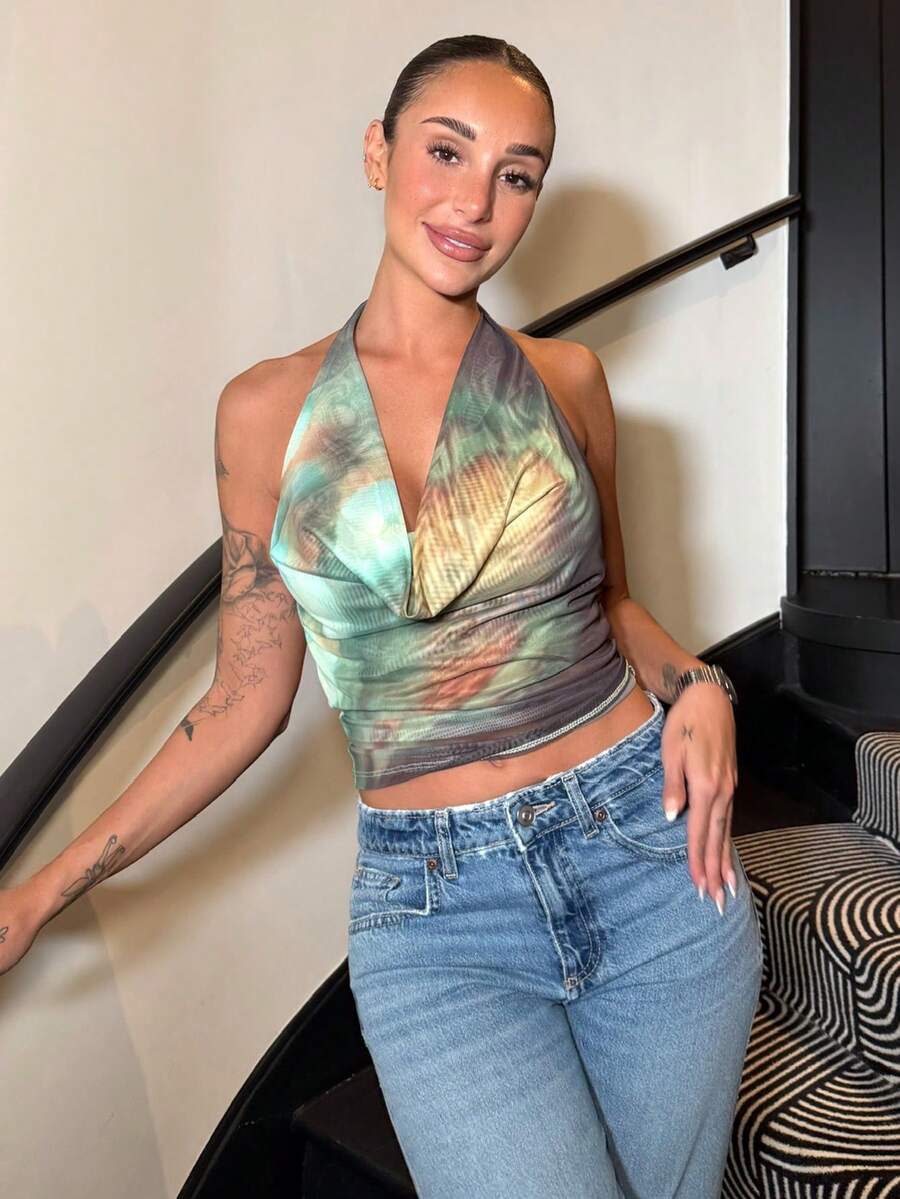 Mélanie ORL 女士时尚性感扎染露背吊带上衣，适合冬季、秋季、万圣节、新年、感恩节、派对、海滩等场合，可爱上衣 - 彩色 - 查看 1